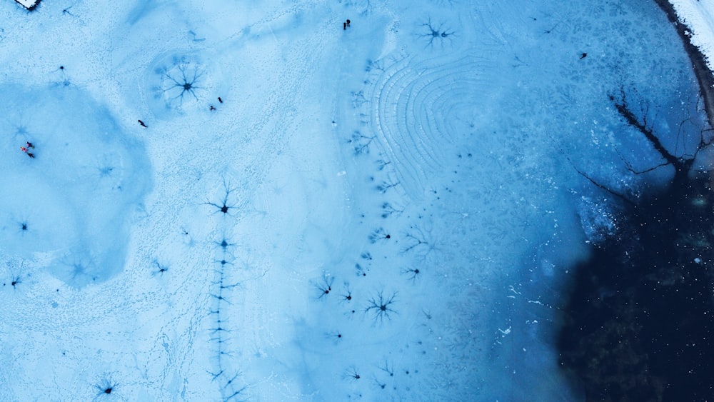 an aerial view of snow covered ground and trees