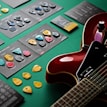 Various guitar strings and picks arranged artistically on a wooden table
