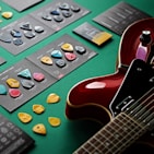 Various guitar strings and picks arranged artistically on a wooden table