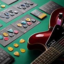 A collection of colorful guitar picks neatly arranged on dark cards, accompanied by a glossy red electric guitar resting on a green surface. The picks vary in shape and design, showcasing a variety of styles.