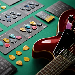 A collection of personalized guitar picks and keychain bottle openers on a wooden surface.