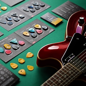A collection of various guitar picks arranged artistically on a table.