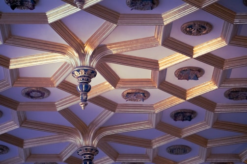 An ornate ceiling design featuring gold-colored, geometric patterns with recessed sections containing intricate emblems or carvings. The central feature is a decorative pendant hanging from the ceiling, showcasing artistic craftsmanship.