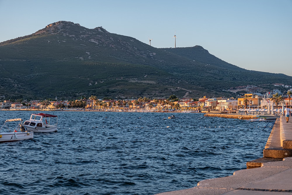 a body of water with a mountain in the background