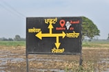 A black signboard with yellow directional arrows and text written in Punjabi, indicating directions to various locations. The sign includes the word 'Amul' and an image of an ice cream cone. The background shows a rural landscape with a field and some trees.
