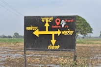 A black signboard with yellow directional arrows and text written in Punjabi, indicating directions to various locations. The sign includes the word 'Amul' and an image of an ice cream cone. The background shows a rural landscape with a field and some trees.