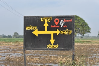 A black signboard with yellow directional arrows and text written in Punjabi, indicating directions to various locations. The sign includes the word 'Amul' and an image of an ice cream cone. The background shows a rural landscape with a field and some trees.