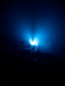 A mysterious blue light emanates through fog, casting an ethereal glow on the surrounding trees and landscape. The scene is shrouded in darkness, with the light creating a surreal atmosphere.