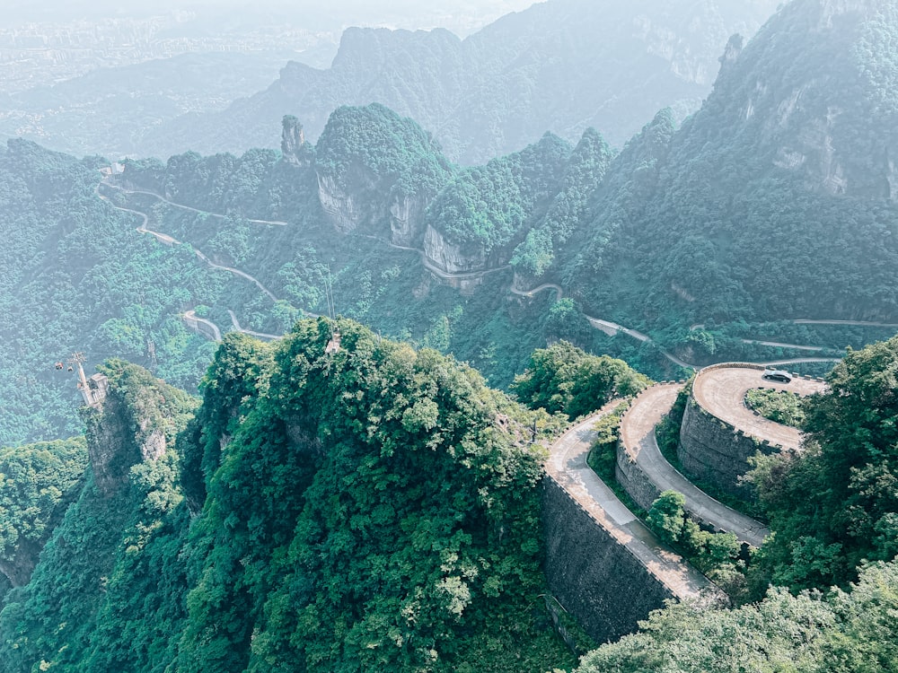 a winding mountain road surrounded by lush green trees