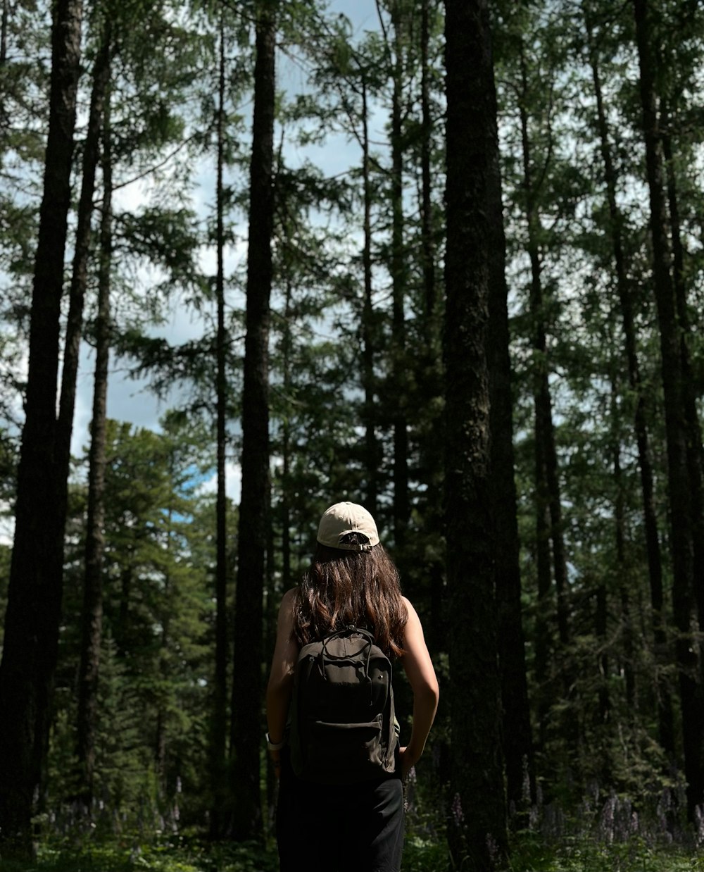 a person with a backpack walking through a forest