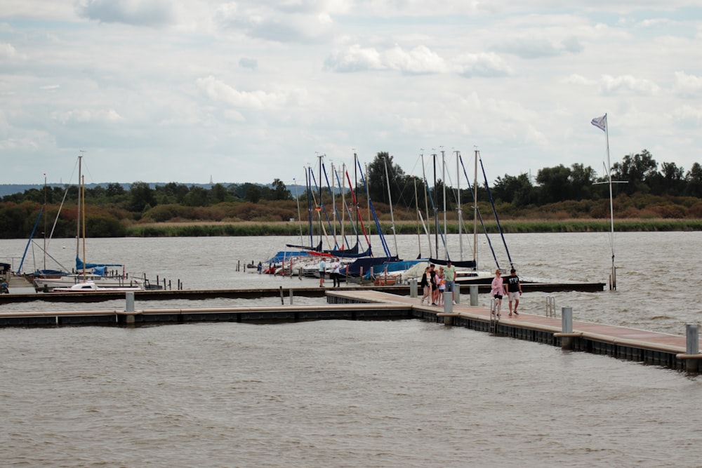 a group of people standing on a dock next to a body of water