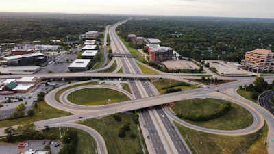 Aerial view of logistics center surrounded by highways