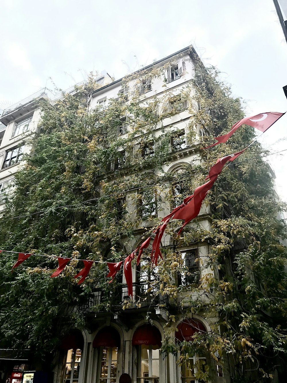 a tall building with a bunch of red flags in front of it