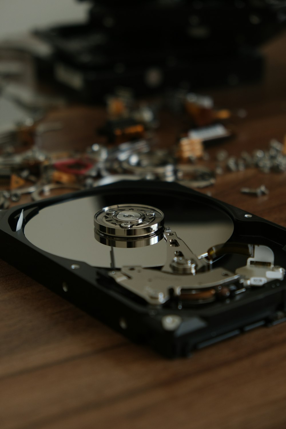 a hard drive sitting on top of a wooden table