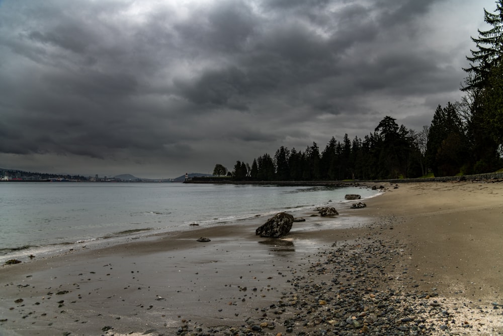 a cloudy day at a beach with rocks and trees