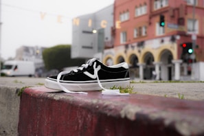 A single black and white sneaker is resting on a concrete curb in an urban environment. In the background, a building with warm, earthy colors and arched windows is visible, and the word 'VENICE' is strung across overhead. The street is slightly blurred, with vehicles and greenery adding to the cityscape.
