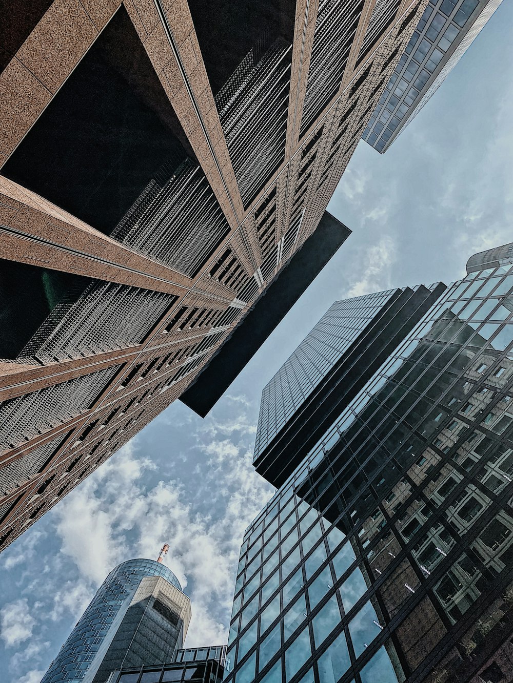 looking up at tall buildings in a city