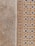 A close-up view of a textured wall with a combination of plain, rough plaster and decorative ceramic tiles. The left side features a faded beige surface with visible cracks and weathering. The right side showcases ornate tiles in a repeating pattern with yellow and black floral motifs, bordered by a column of smaller, circular designs.