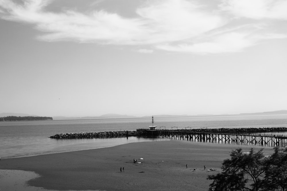 a black and white photo of a pier on a beach