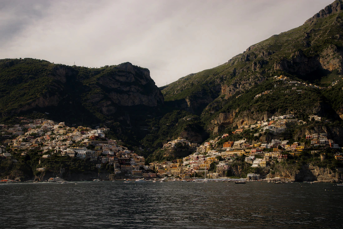 Sunlit Positano and the Amalfi Coast seen from the water