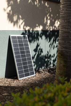 A solar panel rests against a textured wall, set on a patch of ground covered in dry mulch and leaves. The scene is partially shaded by the shadow of a nearby tree, and the light plays against the panel's grid-like pattern. The foreground contains out-of-focus green foliage, indicating a garden or natural setting surrounding the area.