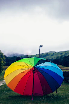 A glowing golden umbrella shielding a vibrant green field under a clear sky.