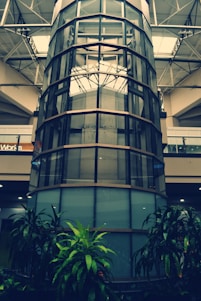 A tall, cylindrical glass structure surrounded by several floors in what appears to be an indoor commercial space. The bottom level is decorated with green plants, while metal beams and glass railings are visible on the upper floors. Light is filtering through the large ceiling windows.