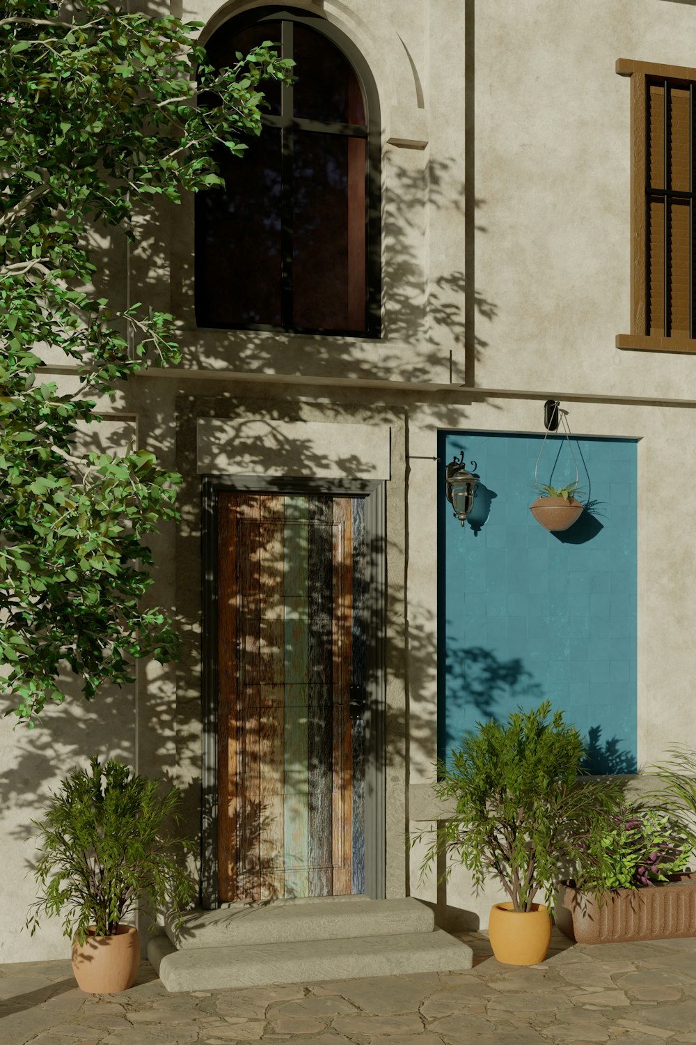 a tall building with a blue door and window