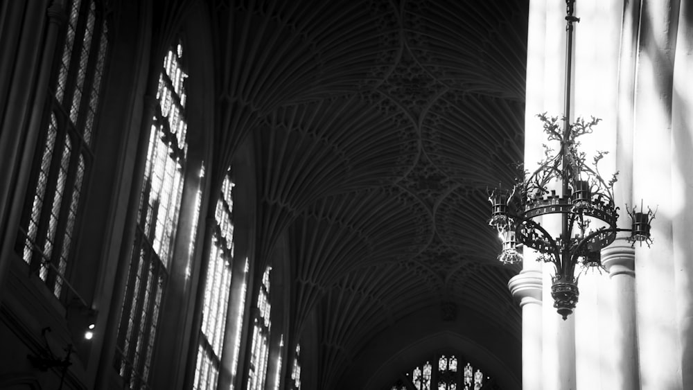 a large cathedral with a chandelier hanging from the ceiling