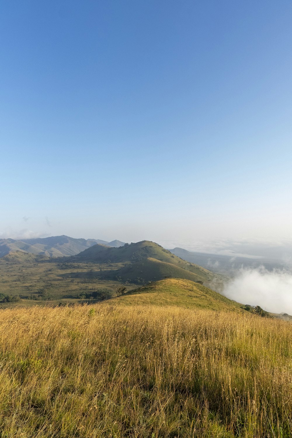 a grassy hill with a few hills in the distance