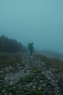 A lone hiker is seen walking on a rocky path through a foggy landscape. The surroundings are rugged, with scattered rocks and low shrubs. The fog is thick, creating a sense of mystery and seclusion. The hiker is equipped with a green backpack and trekking poles, wearing a hooded jacket that blends with the misty environment.