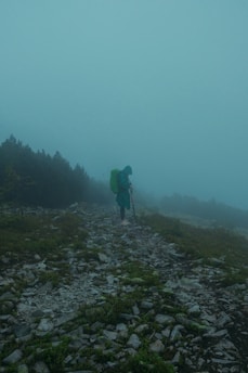 A lone hiker is seen walking on a rocky path through a foggy landscape. The surroundings are rugged, with scattered rocks and low shrubs. The fog is thick, creating a sense of mystery and seclusion. The hiker is equipped with a green backpack and trekking poles, wearing a hooded jacket that blends with the misty environment.