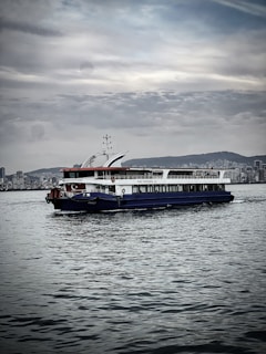 A ferry is navigating calm waters with a city skyline in the background. The sky is overcast with scattered clouds, and the water reflects shades of gray. The ferry is painted in white with blue and red accents, and a Turkish flag is visible.