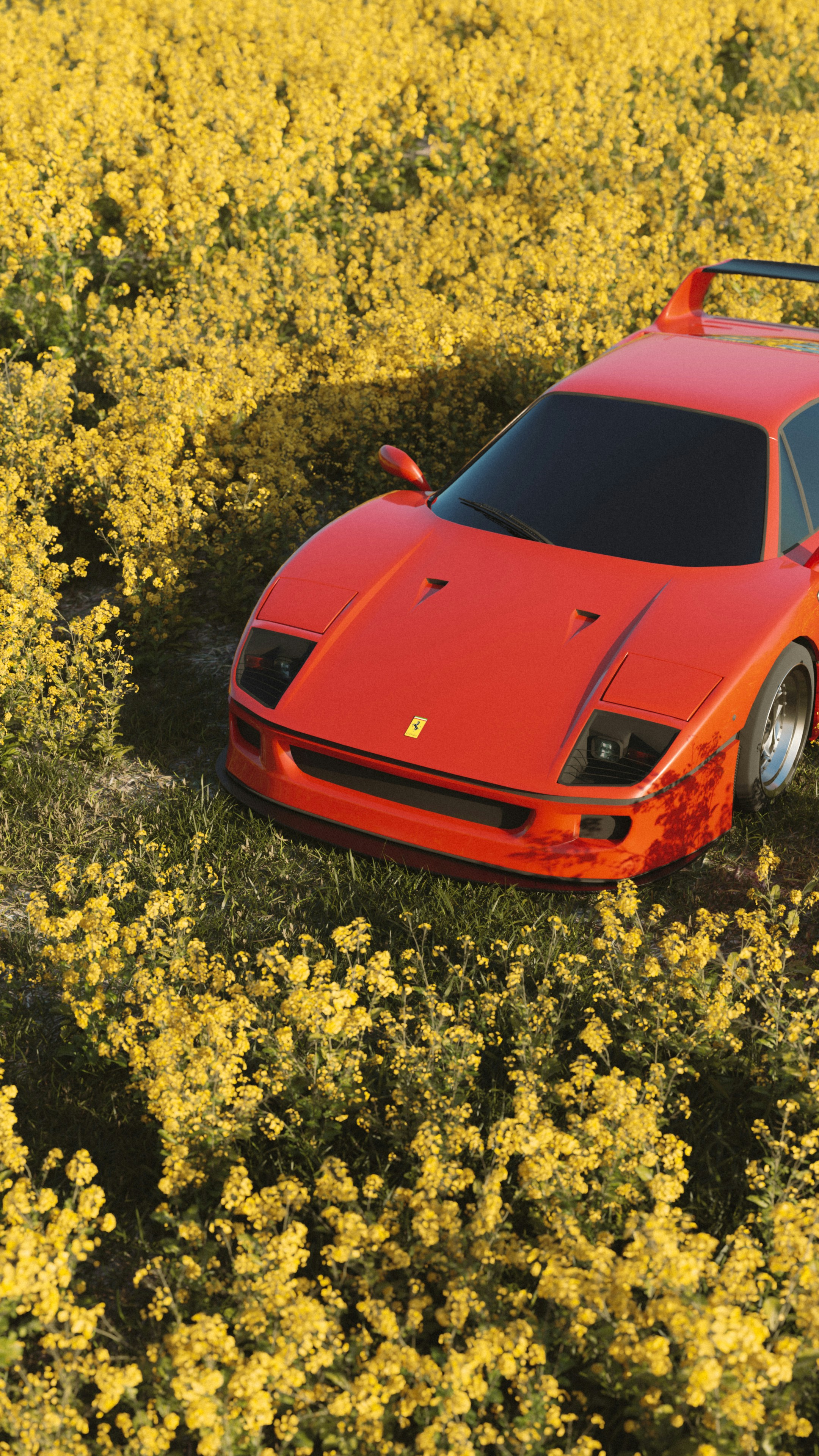 Une voiture de sport rouge garée dans un champ de fleurs jaunes