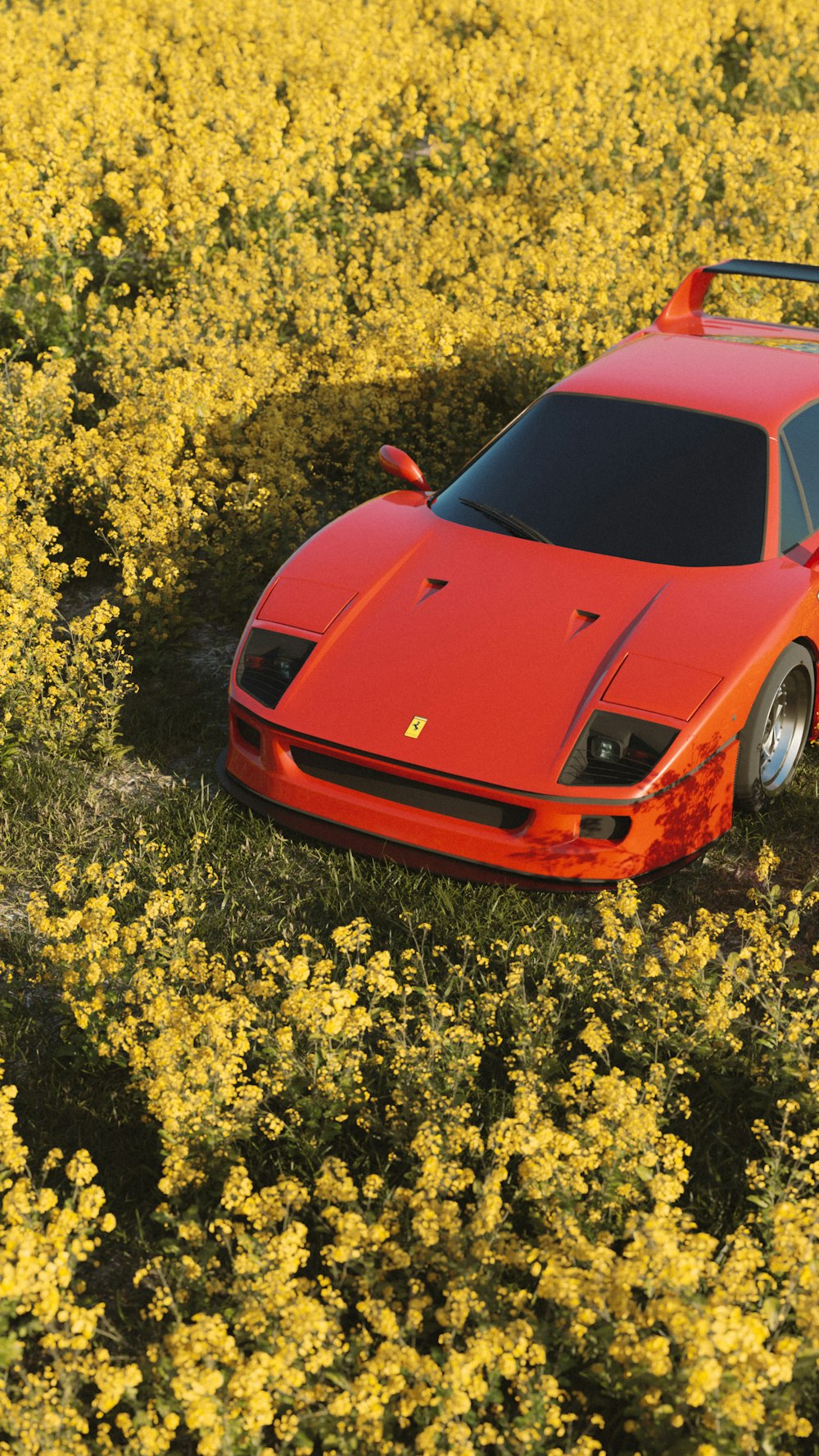 a red sports car parked in a field of yellow flowers