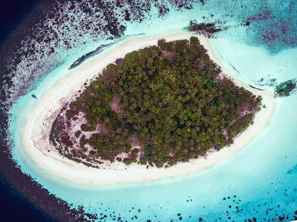 an aerial view of an island in the middle of the ocean