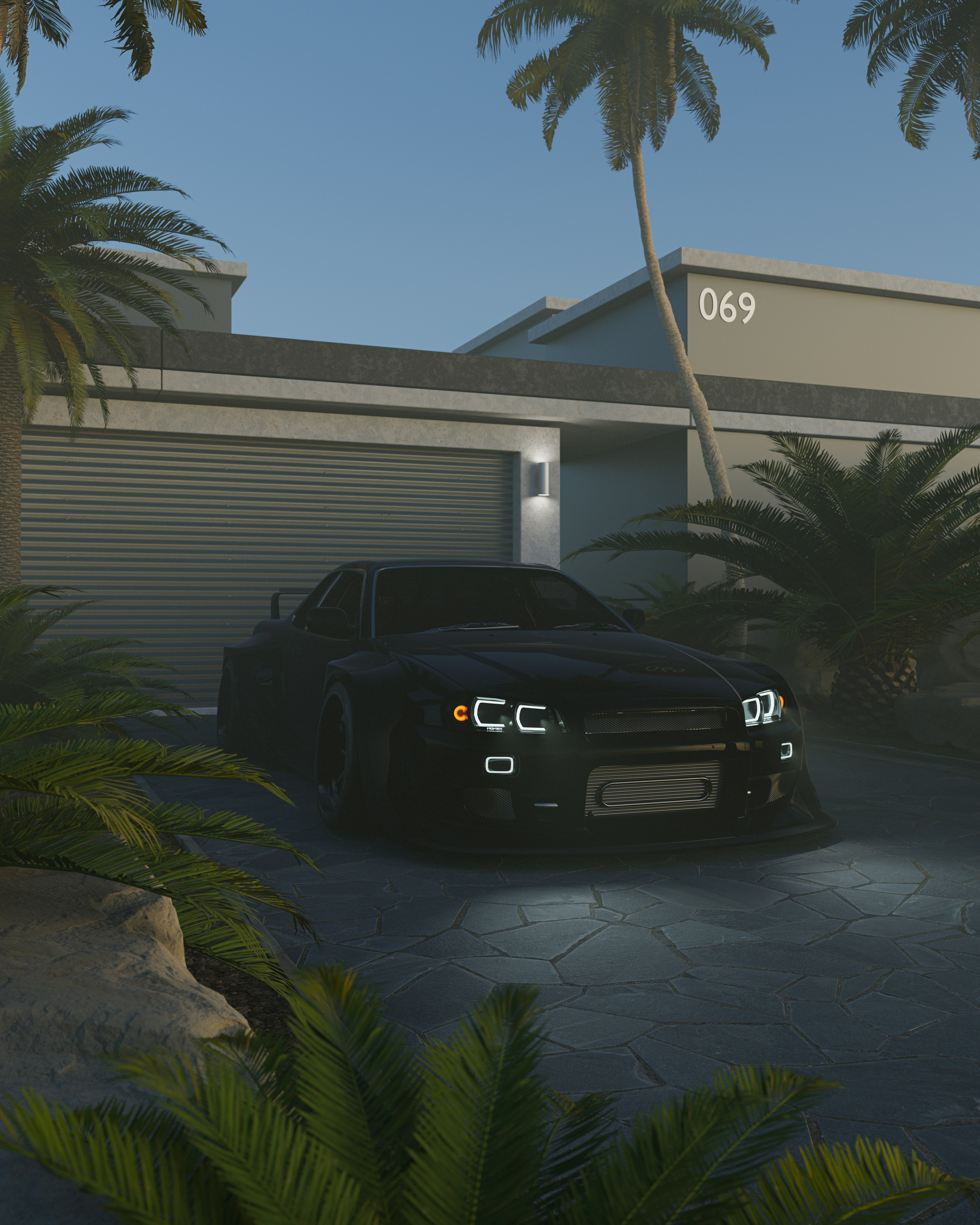 a black car parked in front of a house