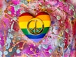 A heart-shaped object painted with the rainbow colors of the LGBTQ+ pride flag, featuring a prominent gold peace symbol in the center. The background is a vibrant and chaotic mix of bright pinks, purples, and oranges splattered with metallic silver and gold textures.