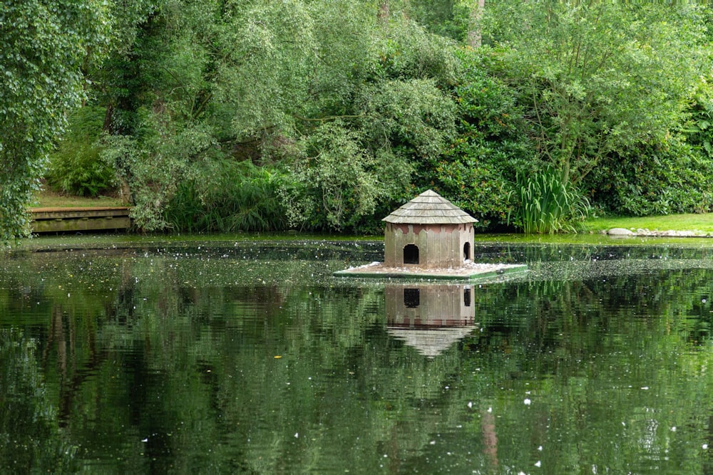 a bird house sitting in the middle of a lake