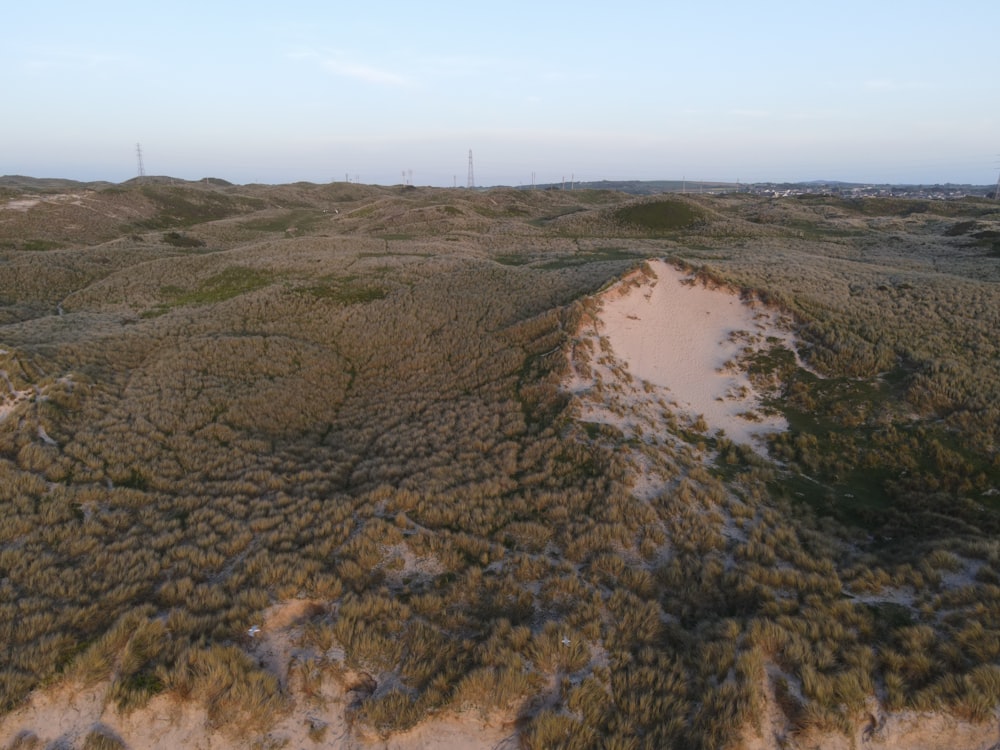 an aerial view of a sandy area with trees