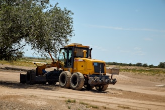A Grizzly Earthworks skid steer carefully grading a rural driveway surrounded by tall pine trees.