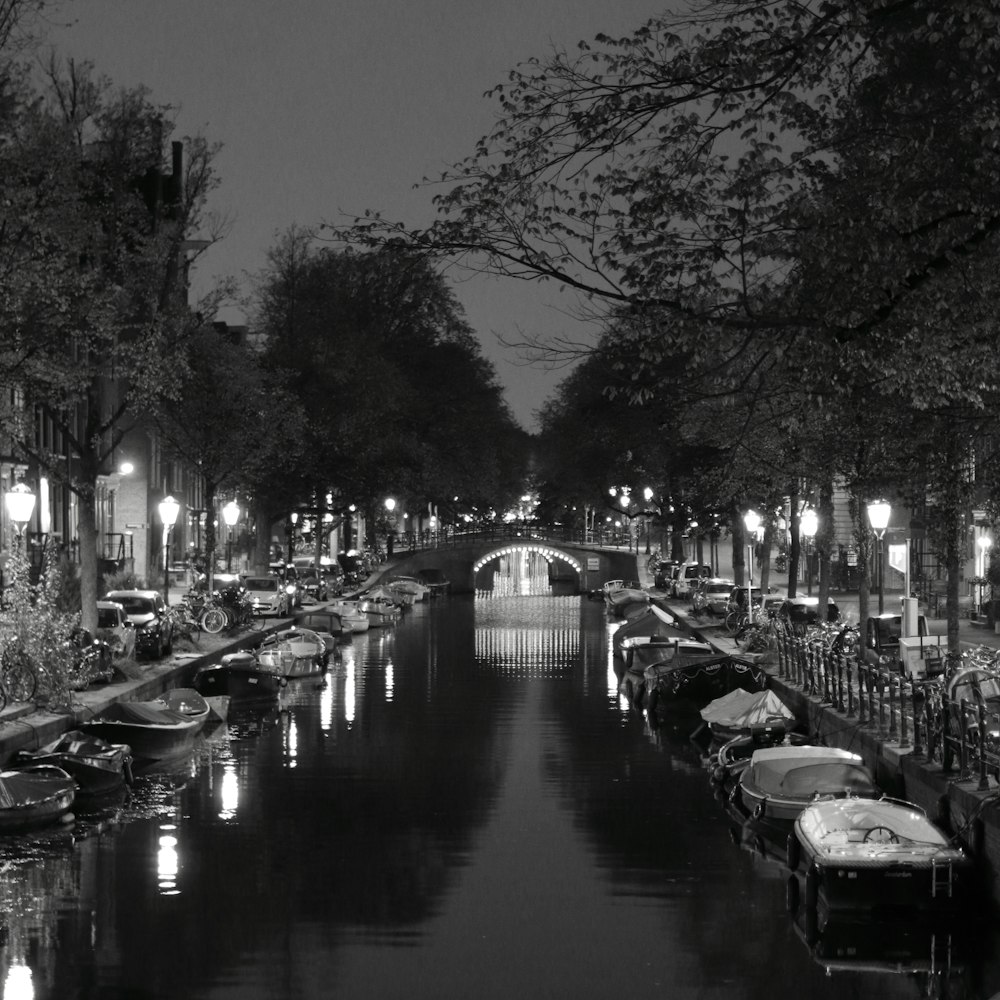 a black and white photo of a canal at night