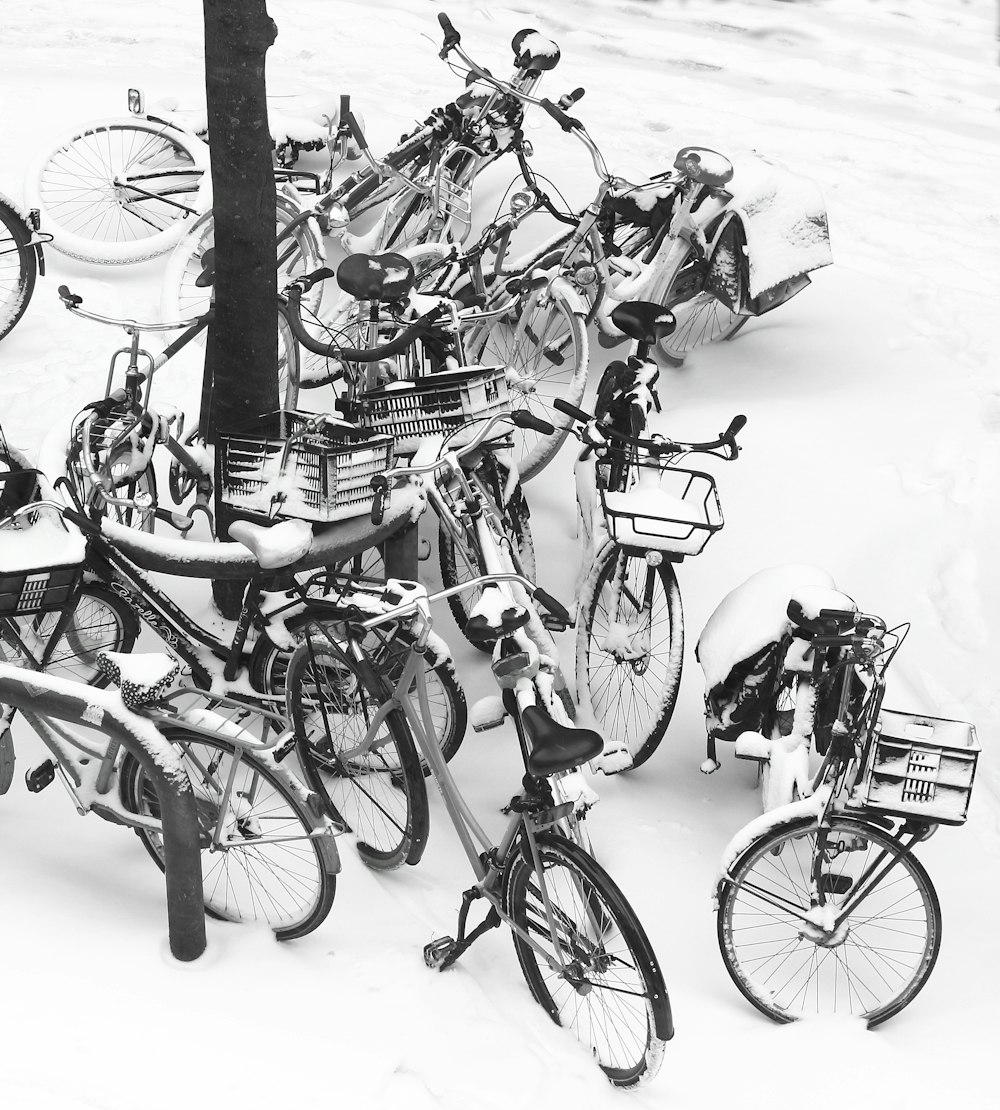 a group of bikes parked next to each other in the snow