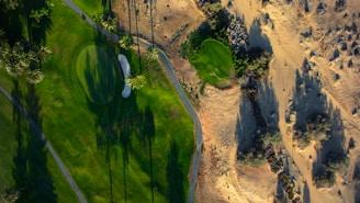 An aerial view of a golf course with lush green grass, sand bunkers, and long shadows cast by tall palm trees. The vibrant green contrasts with the surrounding sandy and rocky terrain typical of a desert landscape.