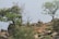 A serene landscape featuring a rocky hilltop with a lone animal, possibly an antelope or deer, standing on a large rock. The scene is framed by lush green trees, some of which are partially barren. The overall setting conveys a natural and tranquil wilderness.