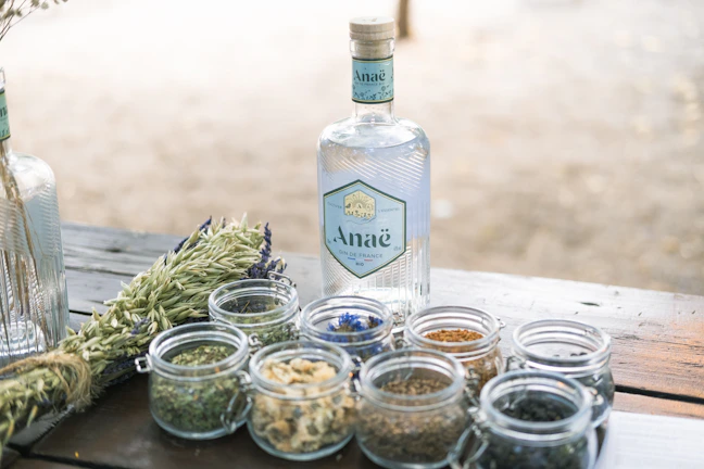 Artisanal botanicals and ingredients used in Geyra gin arranged on rustic surface.