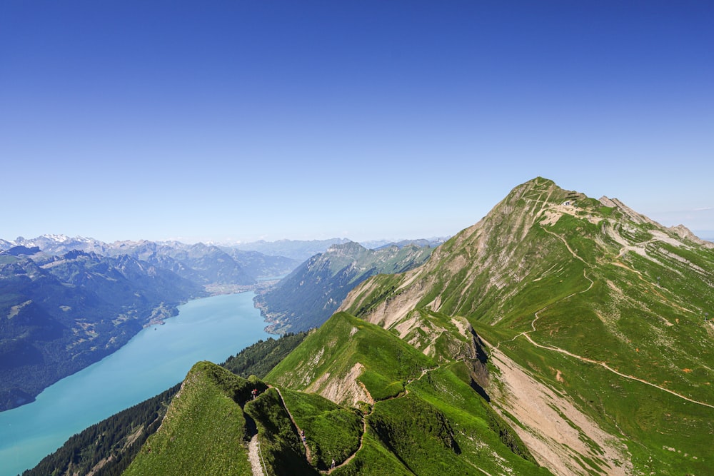 a scenic view of a lake and mountains