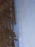 A woven structure made of interlaced, brown natural fibers, possibly bamboo or rattan, is visible next to a smooth, light-colored background wall.