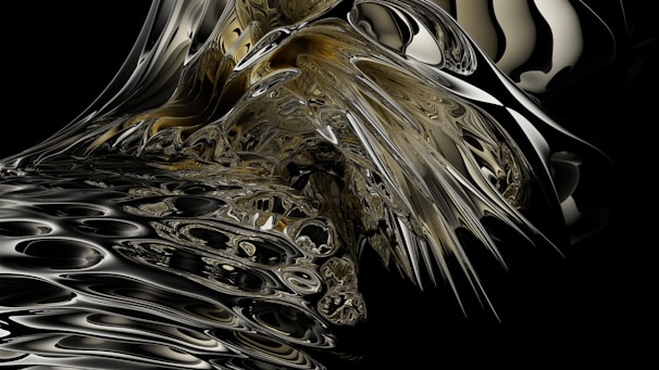A complex and abstract composition featuring swirling, reflective metallic surfaces with fluid shapes and patterns. The design has a three-dimensional appearance, with intricate textures and a blend of dark and light tones creating a sense of depth and movement.