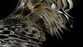 A complex and abstract composition featuring swirling, reflective metallic surfaces with fluid shapes and patterns. The design has a three-dimensional appearance, with intricate textures and a blend of dark and light tones creating a sense of depth and movement.